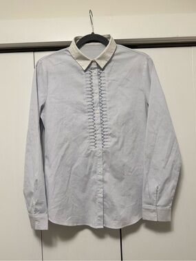 G2000 WOMAN Light Blue Contrast Collar Smocked Dress Shirt Size Medium Workwear